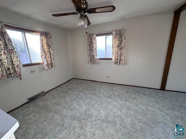 spare room with plenty of natural light, carpet floors, and ceiling fan