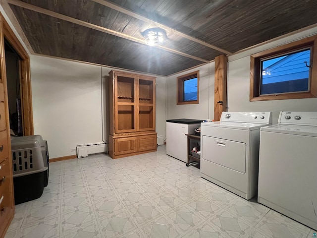 laundry area with wood ceiling, a baseboard radiator, and washer and clothes dryer