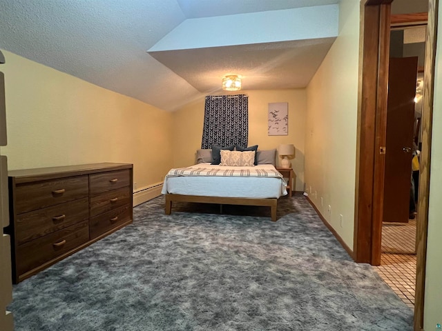 bedroom featuring lofted ceiling, a textured ceiling, dark colored carpet, and a baseboard heating unit