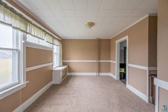 carpeted empty room featuring ornamental molding and a healthy amount of sunlight