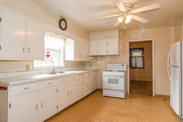 kitchen featuring white cabinets, white appliances, ceiling fan, and sink