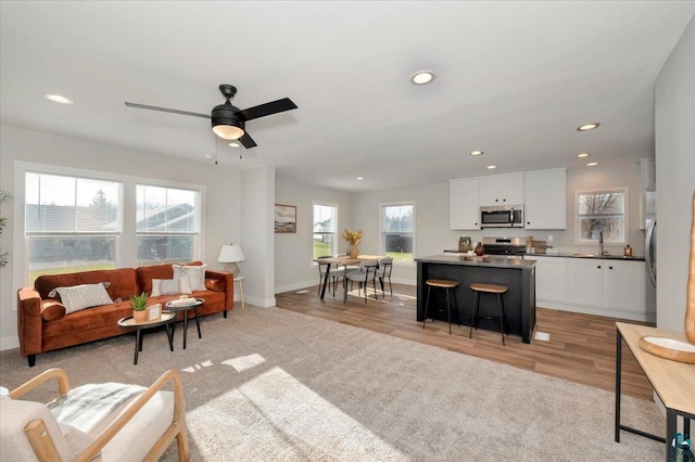 living room with ceiling fan and light hardwood / wood-style floors