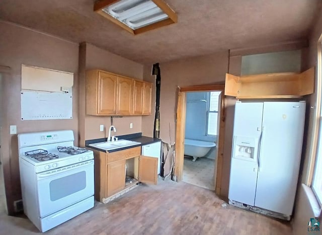 kitchen featuring light brown cabinets, white appliances, sink, light wood-type flooring, and a healthy amount of sunlight