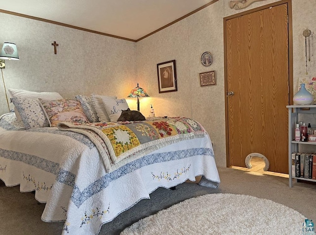 carpeted bedroom featuring crown molding