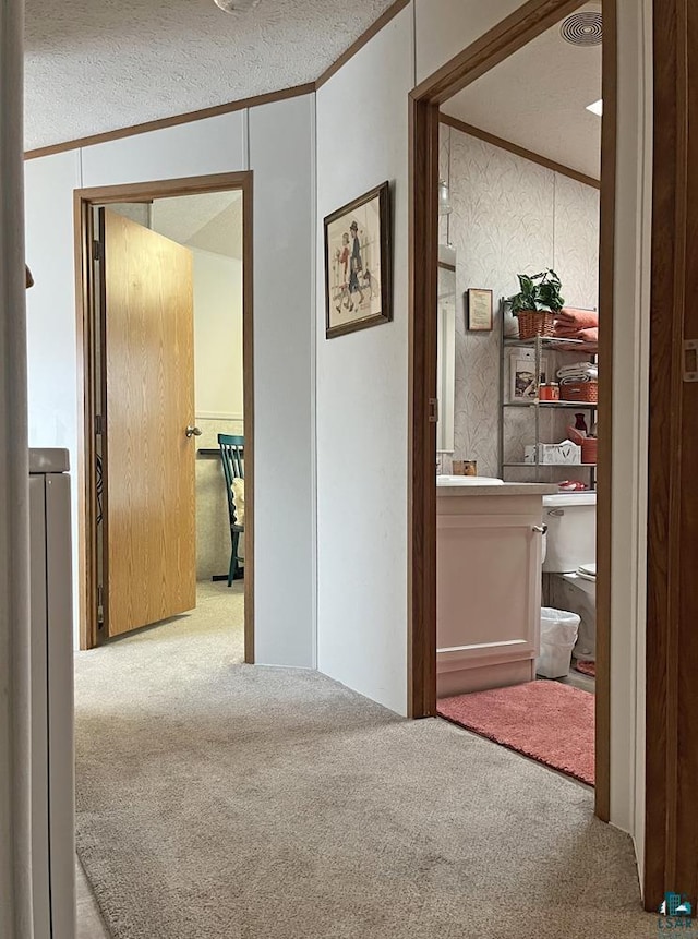 corridor featuring carpet flooring, a textured ceiling, and crown molding