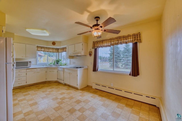 kitchen with ceiling fan, white cabinetry, white appliances, and baseboard heating