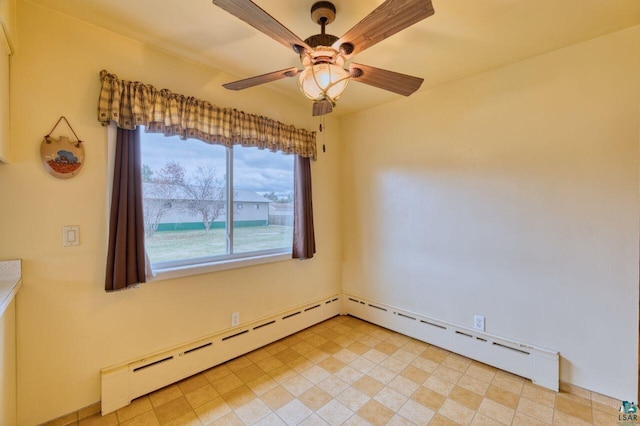 spare room featuring ceiling fan and baseboard heating