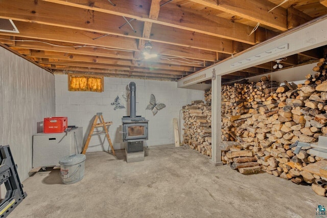 basement with a wood stove