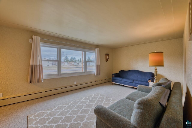 living room with carpet floors and a baseboard heating unit