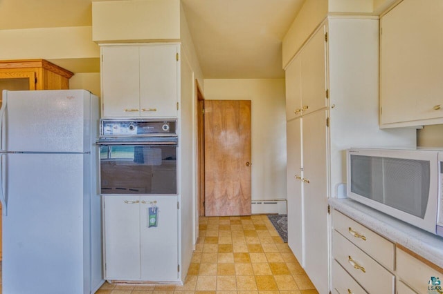 kitchen featuring white cabinetry, white appliances, and a baseboard heating unit