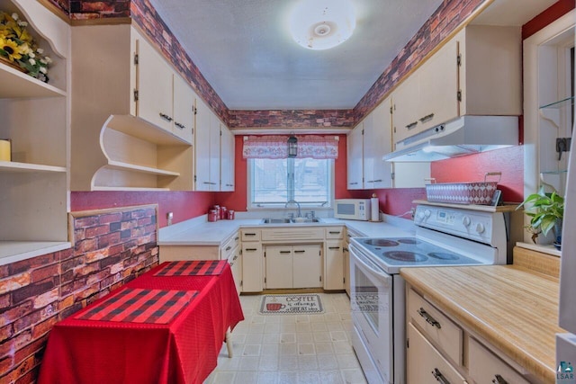 818 Douglas Ave, Eveleth, MN 55734 - kitchen featuring white appliances, under cabinet range hood, open shelves, light countertops, and a sink