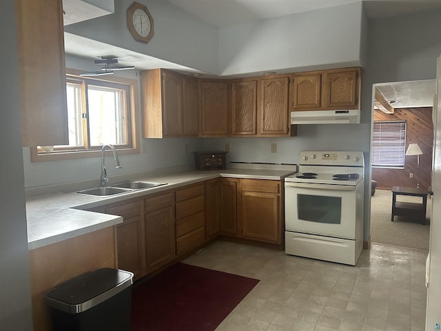 kitchen featuring electric range, ceiling fan, and sink