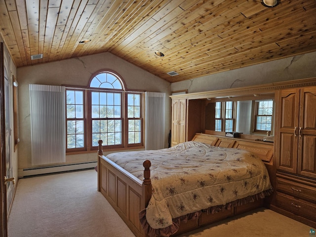 bedroom with light carpet, wood ceiling, lofted ceiling, and a baseboard heating unit