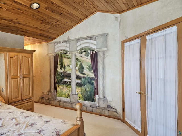 bedroom featuring carpet, wooden ceiling, and lofted ceiling