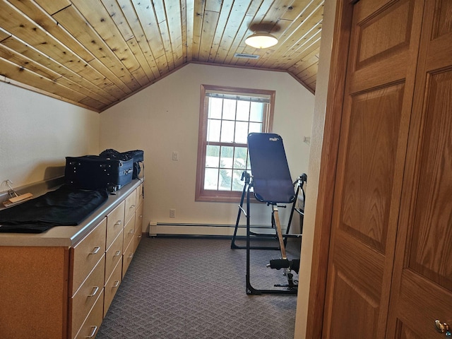 exercise area with ornamental molding, vaulted ceiling, baseboard heating, dark colored carpet, and wooden ceiling