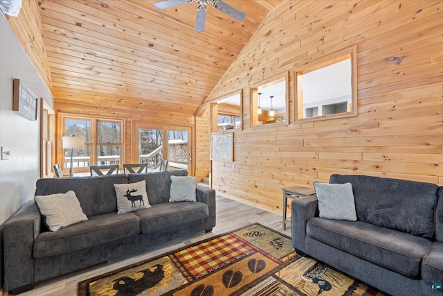 living room featuring ceiling fan, high vaulted ceiling, wooden ceiling, hardwood / wood-style floors, and wood walls