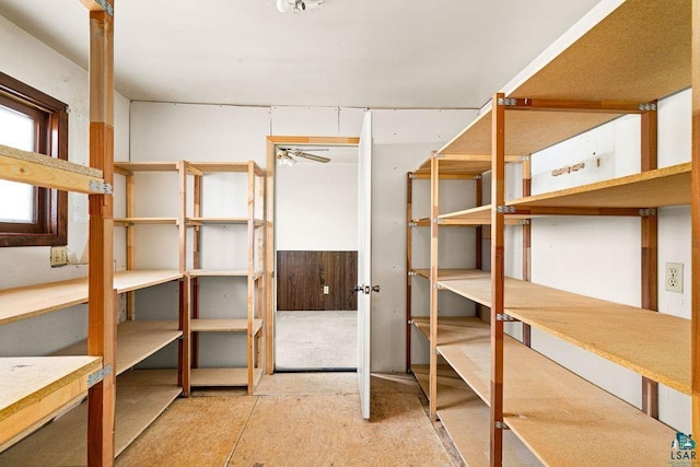 storage room with ceiling fan