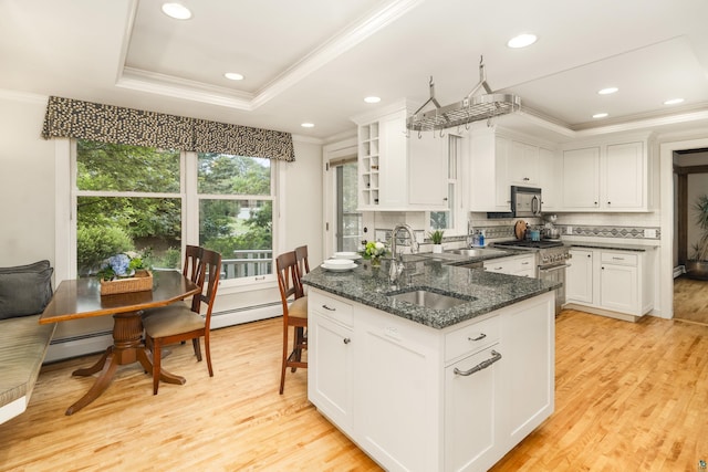 kitchen featuring light hardwood / wood-style floors, white cabinetry, a tray ceiling, and sink