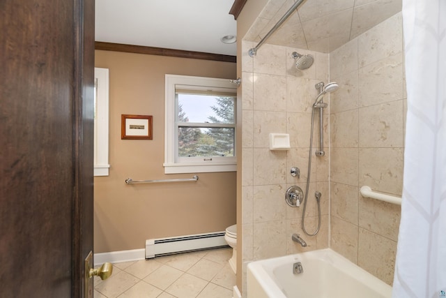 bathroom featuring a baseboard radiator, tiled shower / bath combo, tile patterned floors, crown molding, and toilet