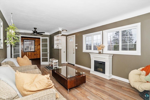 living room with ceiling fan and hardwood / wood-style floors