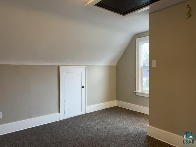 additional living space featuring dark carpet and lofted ceiling