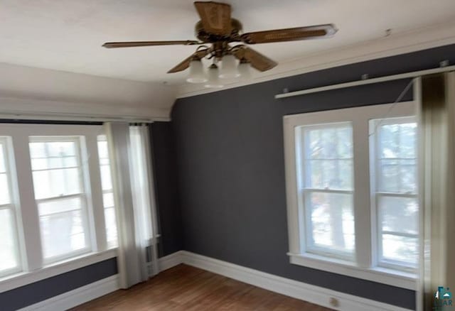 unfurnished room with hardwood / wood-style flooring, ceiling fan, ornamental molding, and vaulted ceiling