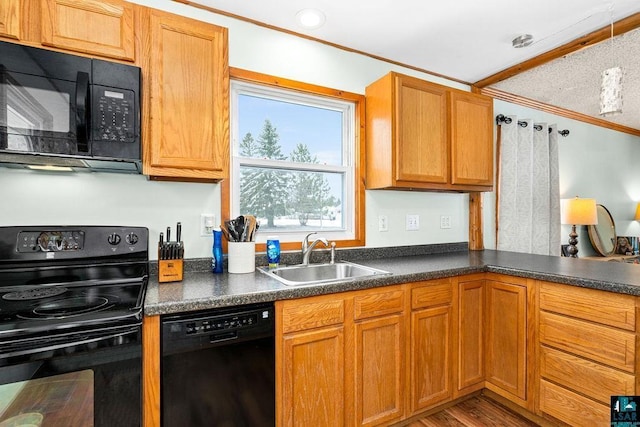 kitchen featuring black appliances, sink, and hardwood / wood-style flooring