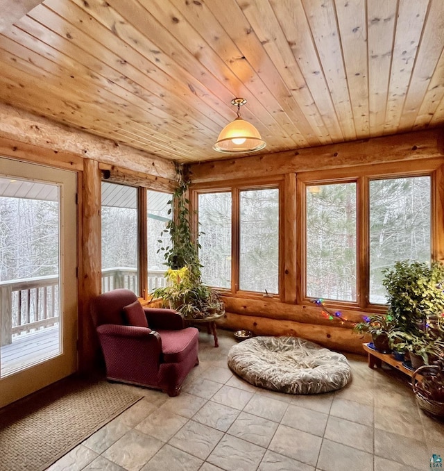 sunroom with wooden ceiling