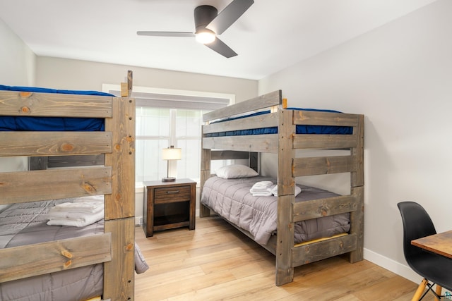 bedroom featuring ceiling fan and light wood-type flooring