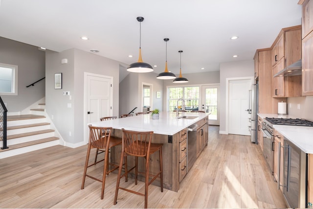 kitchen featuring sink, hanging light fixtures, premium appliances, a large island with sink, and light hardwood / wood-style floors