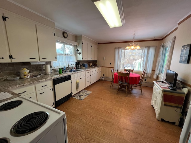 kitchen featuring dishwashing machine, white range with electric stovetop, a notable chandelier, white cabinets, and hanging light fixtures