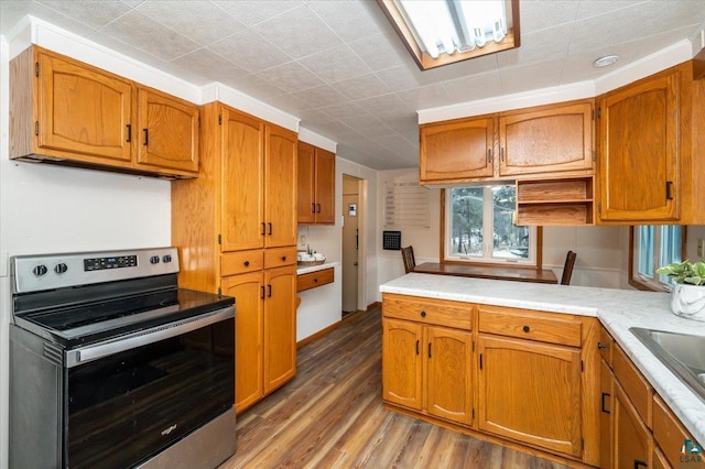 kitchen featuring dark hardwood / wood-style floors and electric stove