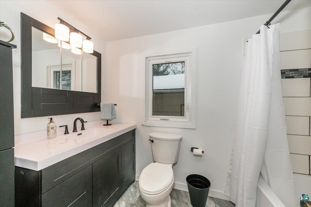 full bathroom with shower / bath combination with curtain, toilet, and vanity