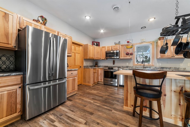 kitchen with a kitchen breakfast bar, dark wood-type flooring, stainless steel appliances, and sink