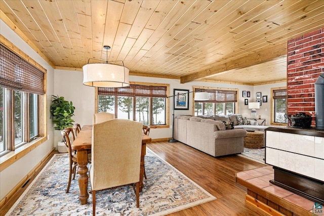 dining space featuring hardwood / wood-style flooring, a wood stove, and wooden ceiling