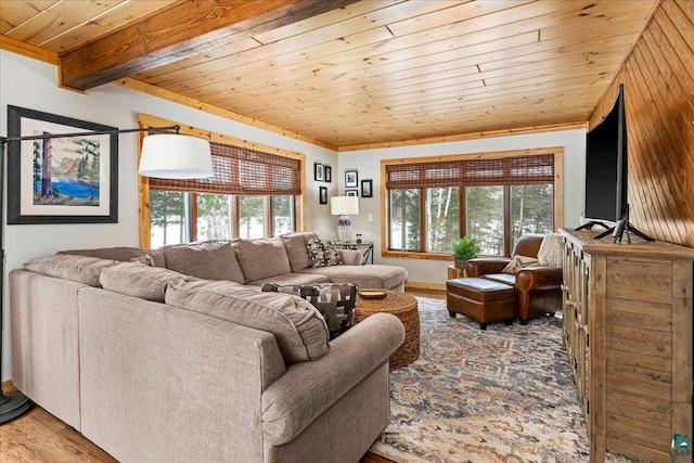 living room featuring hardwood / wood-style floors, wooden ceiling, and beamed ceiling