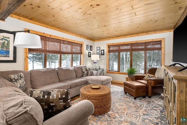 living room featuring beamed ceiling and wood ceiling