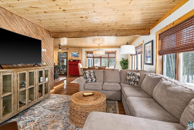 living room with wooden walls, dark wood-type flooring, wooden ceiling, a wood stove, and beam ceiling