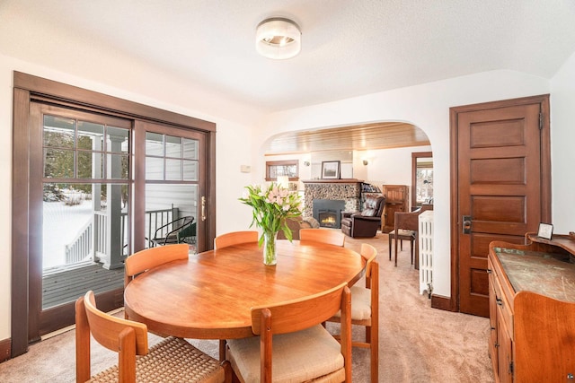 carpeted dining room with plenty of natural light and a wood stove