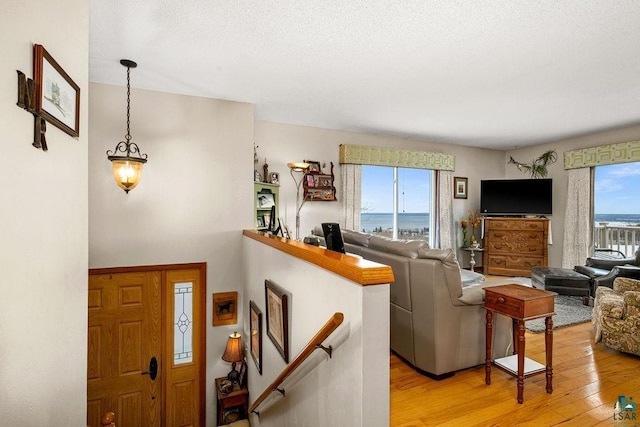 living room featuring a textured ceiling, light hardwood / wood-style floors, and plenty of natural light