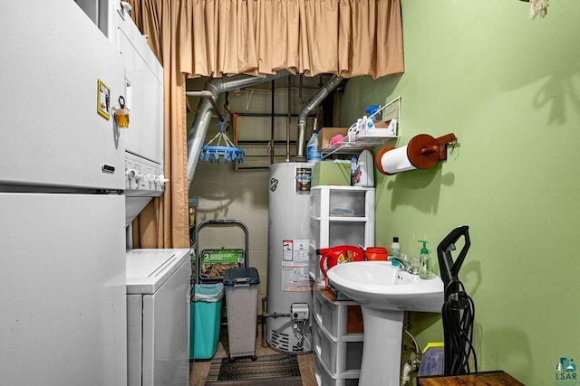 utilities with stacked washing maching and dryer and gas water heater