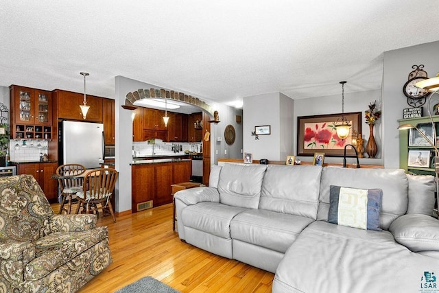 living room with a textured ceiling and light hardwood / wood-style flooring