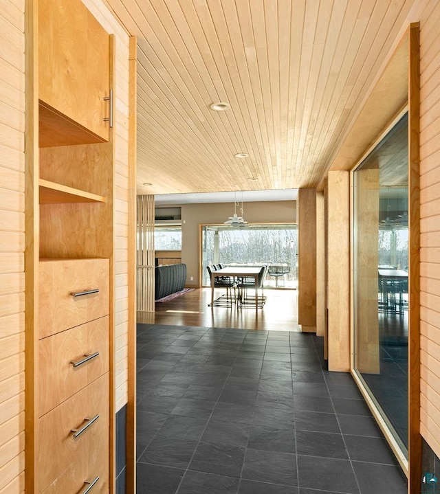 hallway with wood ceiling