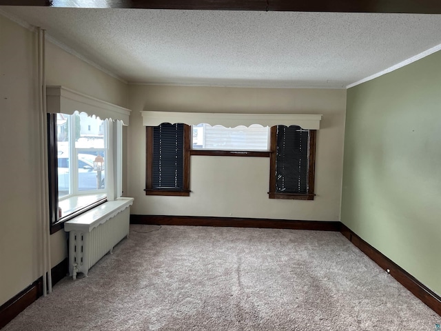 spare room featuring radiator, carpet flooring, and a textured ceiling