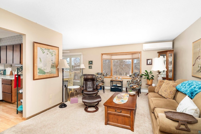 living room with a wall unit AC, light colored carpet, and plenty of natural light