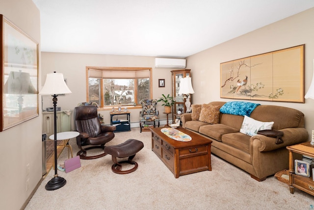 carpeted living room with a baseboard heating unit and a wall mounted AC