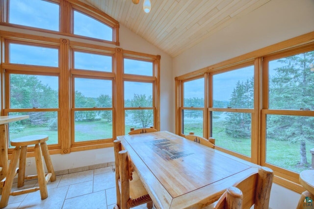 tiled dining area with vaulted ceiling, ceiling fan, wood ceiling, and plenty of natural light