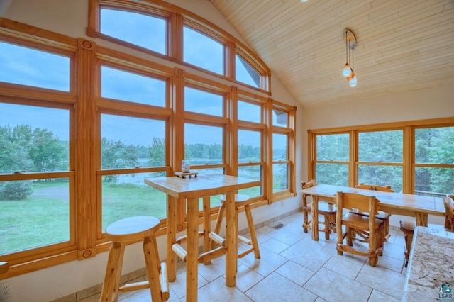 sunroom featuring wooden ceiling, a wealth of natural light, and vaulted ceiling