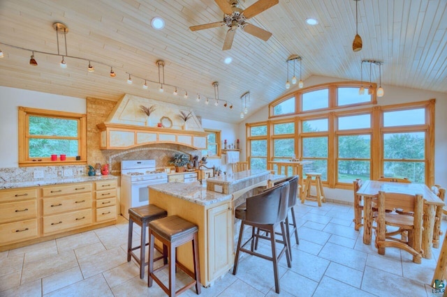 kitchen with light stone countertops, wood ceiling, decorative light fixtures, white range with gas cooktop, and vaulted ceiling