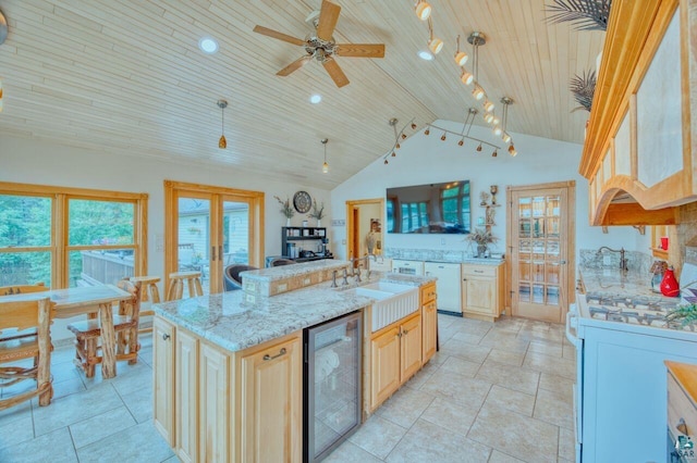 kitchen with wooden ceiling, decorative light fixtures, wine cooler, dishwasher, and a kitchen island